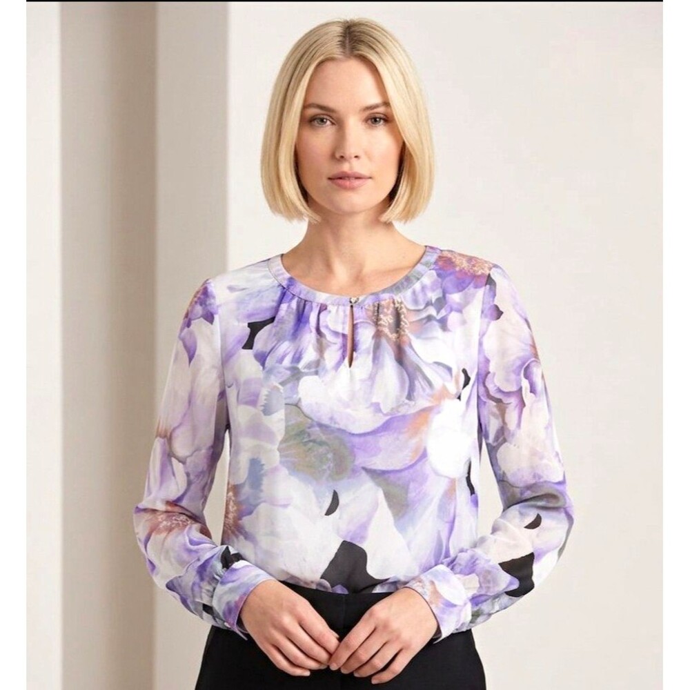 Jennifer Lopez Floral Chiffon Blouse Womens M Purple White Sheer Lightweight